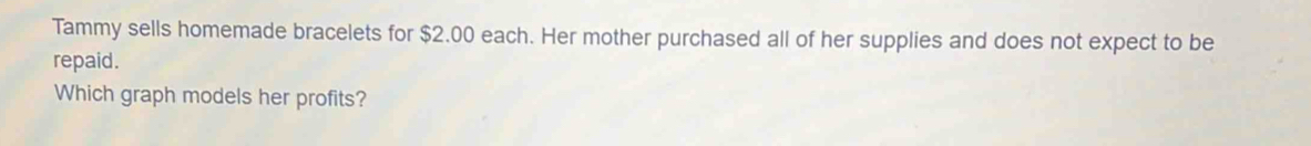 Tammy sells homemade bracelets for $2.00 each. Her mother purchased all of her supplies and does not expect to be 
repaid. 
Which graph models her profits?