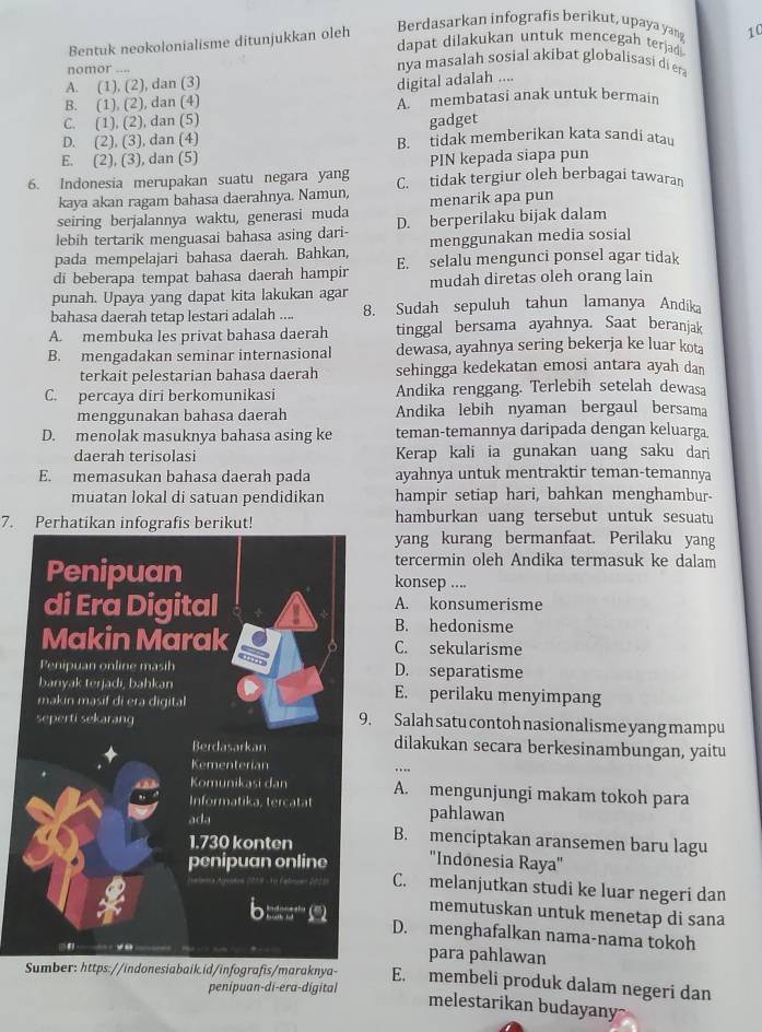 Bentuk neokolonialisme ditunjukkan oleh
Berdasarkan infografis berikut, upaya yang 10
dapat dilakukan untuk mencegah terjad
nomor .... nya masalah sosial akibat globalisasi di er
A. (1), (2), dan (3)
digital adalah ....
B. (1), (2), dan (4) A membatasi anak untuk bermain
C. (1), (2), dan (5) gadget
D. (2), (3), dan (4) B. tidak memberikan kata sandi atau
E. (2), (3), dan (5) PIN kepada siapa pun
6. Indonesia merupakan suatu negara yang C. tidak tergiur oleh berbagai tawaran
kaya akan ragam bahasa daerahnya. Namun,
seiring berjalannya waktu, generasi muda menarik apa pun
lebih tertarik menguasai bahasa asing dari- D. berperilaku bijak dalam
pada mempelajari bahasa daerah. Bahkan, menggunakan media sosial
di beberapa tempat bahasa daerah hampir E. selalu mengunci ponsel agar tidak
mudah diretas oleh orang lain
punah. Upaya yang dapat kita lakukan agar
bahasa daerah tetap lestari adalah .... 8. Sudah sepuluh tahun lamanya Andika
A. membuka les privat bahasa daerah tinggal bersama ayahnya. Saat beranjak
B. mengadakan seminar internasional dewasa, ayahnya sering bekerja ke luar kota
terkait pelestarian bahasa daerah sehingga kedekatan emosi antara ayah dan
C. percaya diri berkomunikasi Andika renggang. Terlebih setelah dewasa
menggunakan bahasa daerah Andika lebih nyaman bergaul bersama
D. menolak masuknya bahasa asing ke teman-temannya daripada dengan keluarga.
daerah terisolasi Kerap kali ia gunakan uang saku dari
E. memasukan bahasa daerah pada ayahnya untuk mentraktir teman-temannya
muatan lokal di satuan pendidikan hampir setiap hari, bahkan menghambur-
7. Perhatikan infografis berikut! hamburkan uang tersebut untuk sesuatu
yang kurang bermanfaat. Perilaku yang
tercermin oleh Andika termasuk ke dalam
konsep ....
A. konsumerisme
B. hedonisme
C. sekularisme
D. separatisme
E. perilaku menyimpang
. Salah satu contoh nasionalisme yang mampu
dilakukan secara berkesinambungan, yaitu
A. mengunjungi makam tokoh para
pahlawan
B. menciptakan aransemen baru lagu
''Indonesia Raya''
C. melanjutkan studi ke luar negeri dan
memutuskan untuk menetap di sana
D. menghafalkan nama-nama tokoh
para pahlawan
/infografis/maraknya- E. membeli produk dalam negeri dan
penipuan-di-era-digital
melestarikan budayany