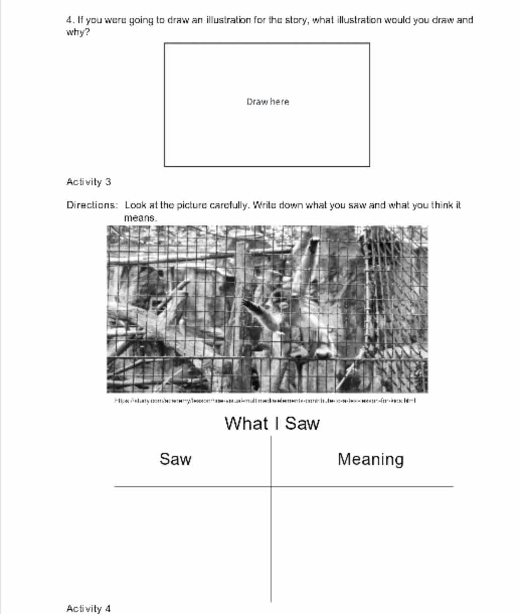 If you were going to draw an illustration for the story, what illustration would you draw and 
why? 
Draw here 
Activity 3 
Directions: Look at the picture carefully. Write down what you saw and what you think it 
What I Saw 
Saw Meaning 
Activity 4