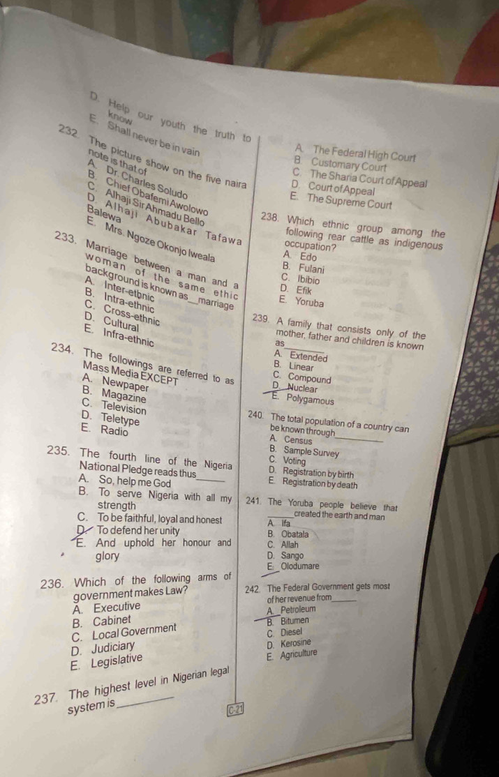 know
D. Help our youth the truth to
Shall never be in vain
A. The Federal High Court
32. The picture show on the five nair D. Court of Appeal
B. Customary Court
C. The Sharia Court of Appeal
A. Dr. Charles Solud
note is that of B. Chief Obafemi Awolow
E. The Supreme Court
Sh Alhaji Sir Ahmadu Bello
O Alhaji Abubakar Tafawa occupation?
E. Mrs. Ngoze Okonjo Iweala Balewa
238. Which ethnic group among the
following rear cattle as indigenous
A. Edo
233. Marriage between a man and a D. Efik
B. Fulani
woman of the same ethic
C. Ibibio
background is known as
A. Inter-ethnic B. Intra-ethnic
E. Yoruba
_marriage
C. Cross-ethnic
D. Cultural
239. A family that consists only of the
E. Infra-ethnic
mother, father and children is known
as
A. Extended
234. The followings are referred to as
B. Linear
Mass Media ÉXCEPT
C. Compound
A. Newpaper
D. Nuclear
B. Magazine
E. Polygamous
C. Television
D.Teletype
240. The total population of a country can
E. Radio
be known through
A. Census_
B. Sample Survey
C. Voting
235. The fourth line of the Nigeria D. Registration by birth
National Pledge reads thus E. Registration by death
A. So, help me God_
B. To serve Nigeria with all my 241. The Yoruba people believe that
strength created the earth and man
C. To be faithful, loyal and honest A ifa
D. To defend her unity B. Obatala
E. And uphold her honour and C. Allah
glory D. Sango
E: Olodumare
236. Which of the following arms of
government makes Law? 242. The Federal Government gets most
of her revenue from
B. Cabinet A. Executive
A._Petroleum
C. Local Government B. Bitumen
C. Diesel
E. Legislative D. Judiciary D. Kerosine
E. Agriculture
237. The highest level in Nigerian legal
system is