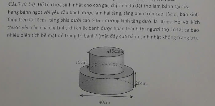 (0,5đ) Để tố chức sinh nhật cho con gái, chị Linh đã đặt thợ làm bánh tại cửa 
hàng bánh ngọt với yêu cầu bánh được làm hai tầng, tầng phía trên cao 15cm, bán kính 
tầng trên là 15cm, tầng phía dưới cao 20cm đường kính tầng dưới là 40cm. Hỏi với kích 
thước yêu cầu của chị Linh, khi chiếc bánh được hoàn thành thì người thợ có tất cá bao 
nhiêu diện tích bề mặt đế trang trí bánh? (mặt đáy của bánh sinh nhật không trang trí).