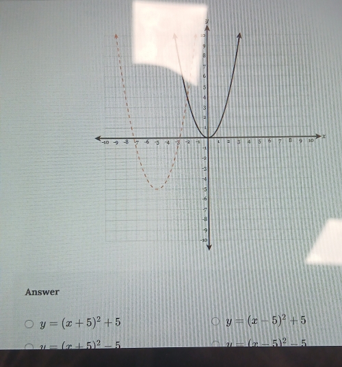 Answer
y=(x+5)^2+5
y=(x-5)^2+5
u=(x+5)^2-5
y=(x-5)^2-5