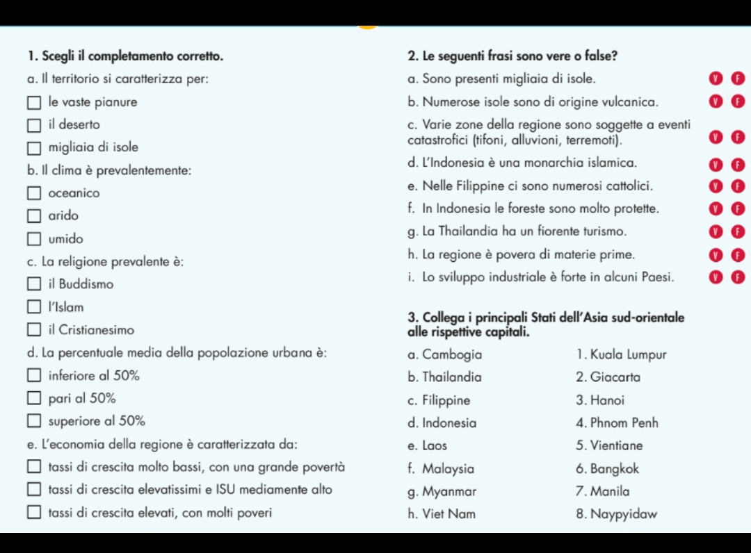 Scegli il completamento corretto. 2. Le seguenti frasi sono vere o false?
a. Il territorio si caratterizza per: a. Sono presenti migliaia di isole.
le vaste pianure b. Numerose isole sono di origine vulcanica.
il deserto c. Varie zone della regione sono soggette a eventi
migliaia di isole
catastrofici (tifoni, alluvioni, terremoti).
b. Il clima è prevalentemente:
d. L'Indonesia è una monarchia islamica.
oceanico
e. Nelle Filippine ci sono numerosi cattolici.
arido
f. In Indonesia le foreste sono molto protette.
umido g. La Thailandia ha un fiorente turismo.
c. La religione prevalente è:
h. La regione è povera di materie prime.
il Buddismo i. Lo sviluppo industriale è forte in alcuni Paesi.
l'Islam
3. Collega i principali Stati dell'Asia sud-orientale
il Cristianesimo alle rispettive capitali.
d. La percentuale media della popolazione urbana è: a. Cambogia 1. Kuala Lumpur
inferiore al 50% b. Thailandia 2. Giacarta
pari al 50% c. Filippine 3. Hanoi
superiore al 50% d. Indonesia 4. Phnom Penh
e. L'economia della regione è caratterizzata da: e. Laos 5. Vientiane
tassi di crescita molto bassi, con una grande povertà f. Malaysia 6. Bangkok
tassi di crescita elevatissimi e ISU mediamente alto g. Myanmar 7. Manila
tassi di crescita elevati, con molti poveri h. Viet Nam 8. Naypyidaw