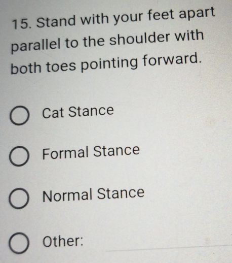 Stand with your feet apart
parallel to the shoulder with
both toes pointing forward.
Cat Stance
Formal Stance
Normal Stance
Other:_