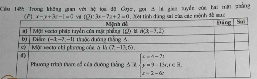 Trong không gian với hệ tọa độ Oxyz, gọi Δ là giao tuyến của hai mặt phẳng
(P):x-y+3z-1=0 và r 3x-7z+2=0 Xét tính đúng sai của các mệnh đề sau: