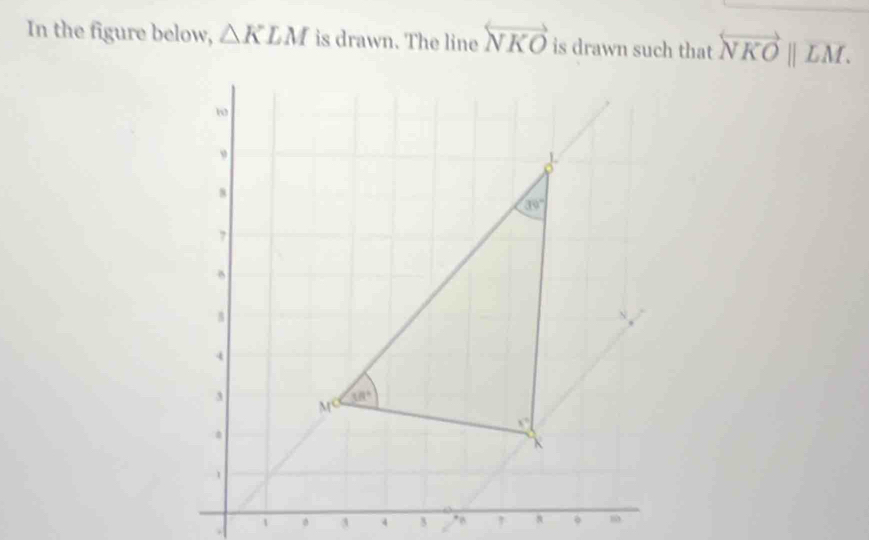 In the figure below, △ KLM is drawn. The line overleftrightarrow NKO is drawn such that overleftrightarrow NKO||vector LM..