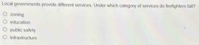 Local governments provide different services. Under which category of services do firefighters fall?
zoning
education
public safety
infrastructure