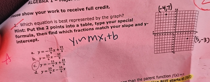 ALGEBRA
please show your work to receive full credit.
1. Which equation is best represented by the graph?
Hint: Put the 2 points into a table, type your special
formula, then find which fractions match your slope and y -
intercept.
a. y=- 10/9 x+ 23/9 
b. y= 23/9 x- 10/9 
c. y=- 11/9 x+ 23/9 
d. y= 23/9 x- 11/9 x
r than the parent function f(x)=x
BIT starts at (0,0)