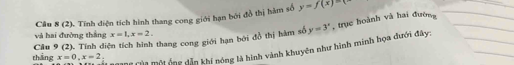 (2). Tính diện tích hình thang cong giới hạn bởi đồ thị hàm số y=f(x)=(x)
y=3^x , trục hoành và hai đường 
Câu 9 (2). Tính diện tích hình thang cong giới hạn bởi đồ thị hàm số và hai đường thẳng x=1, x=2. 
- sang g ủ a một ố ng dẫn khí nóng là hình vành khuyên như hình minh họa dưới đây: 
thắng x=0, x=2.