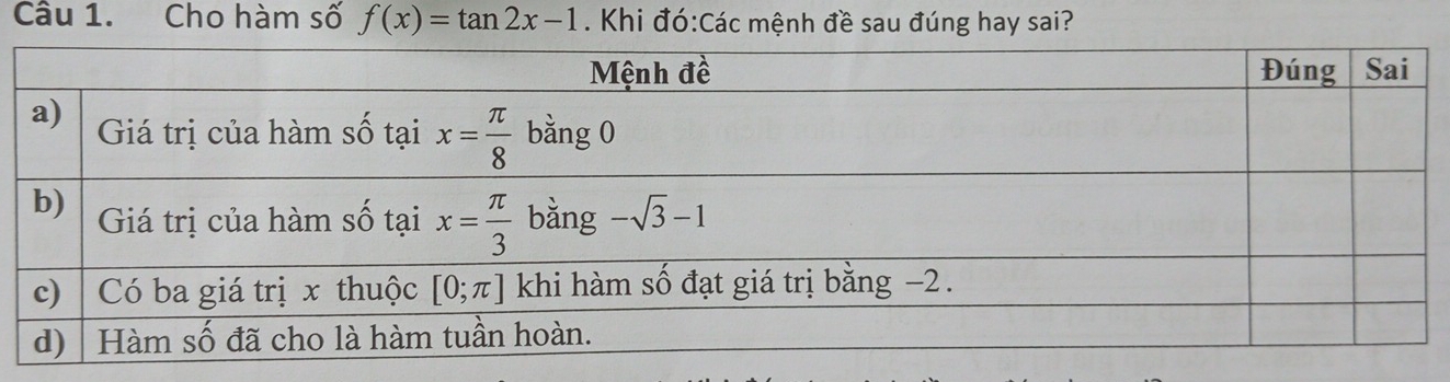 Cho hàm số f(x)=tan 2x-1. Khi đó:Các mệnh đề sau đúng hay sai?