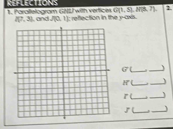 REFLECTIONS 
1. Parallelogram GHIJ with vertices G(1,5), H(S,7), 2.
I(7,3) and . J(0,1); reffection in the y-axis. 
y _ 
_)
H(_  _ J
r(_ _)
J(_  _ )
