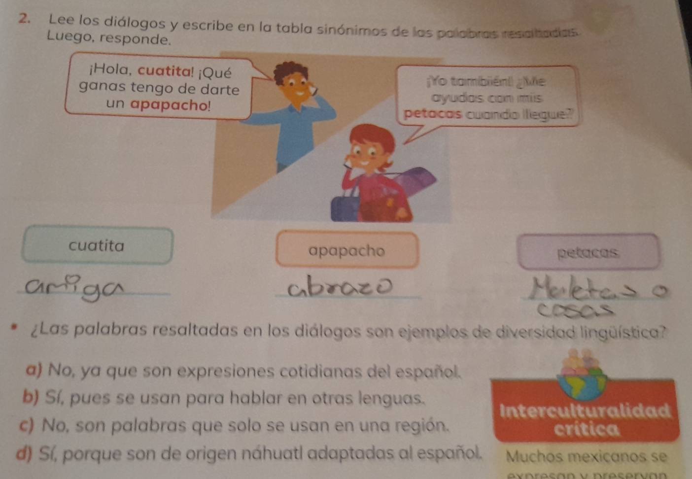 Lee los diálogos y escribe en la tabla sinónimos de las palabras resaltadas
Luego, responde.
¡Hola, cuatita! ¡Qué
ganas tengo de darte
¡Yo también ¿Me
un apapacho!
ayudas con mis
petacas cuando llegue?
cuatita
apapacho petacas
_
_
_
¿Las palabras resaltadas en los diálogos son ejemplos de diversidad lingüística?
a) No, ya que son expresiones cotidianas del español.
b) Sí, pues se usan para hablar en otras lenguas.
Interculturalidad
c) No, son palabras que solo se usan en una región. crítica
d) Sí, porque son de origen náhuatl adaptadas al español. Muchos mexicanos se