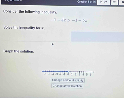 PREV = N
Consider the following inequality.
-1-4x>-1-5x
Solve the inequality for x.
Graph the solution.
Change endpoint solidity
Change arrow direction