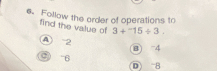 Follow the order of operations to
find the value of 3+^-15/ 3.
A 2
B 4
6
D 8