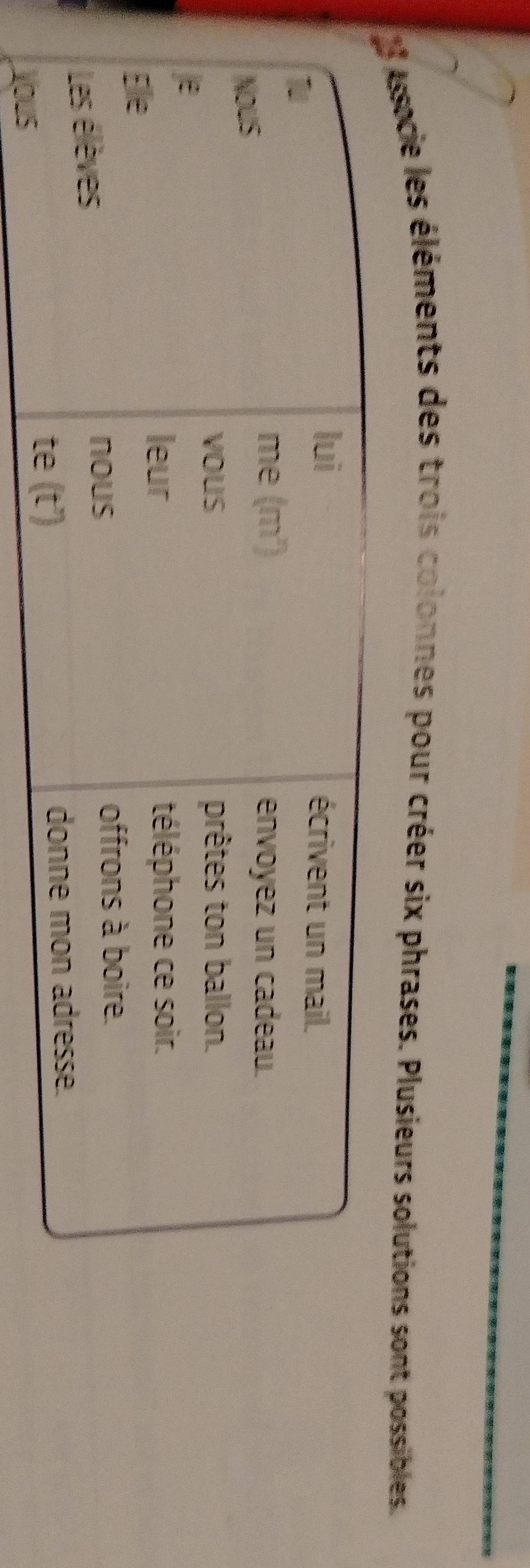 Associe les éléments des trois colonnes pour créer six phrases. Plusieurs solutions sont possibles.