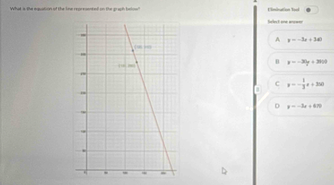 What is the equation of the line represented on the graph below? Elimination Tool
Select one answer
A y=-3x+340
B y=-30x+3910
c y=- 1/3 x+350
D y=-3x+670