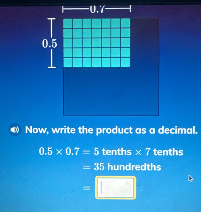 0.5* 0.7=5 tenths * 7 tenths
=35 hundredths
=□