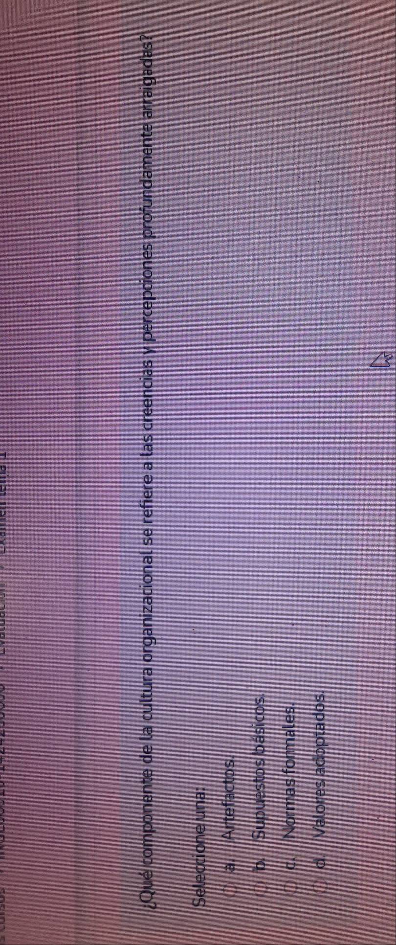 ¿Qué componente de la cultura organizacional se refiere a las creencias y percepciones profundamente arraigadas?
Seleccione una:
a. Artefactos.
b. Supuestos básicos.
c. Normas formales.
d. Valores adoptados.