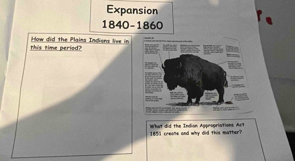 Expansion
1840-1860
How did the Plains Indians live in 
this time period? 
What did the Indian Appropriations Act 
1851 create and why did this matter?