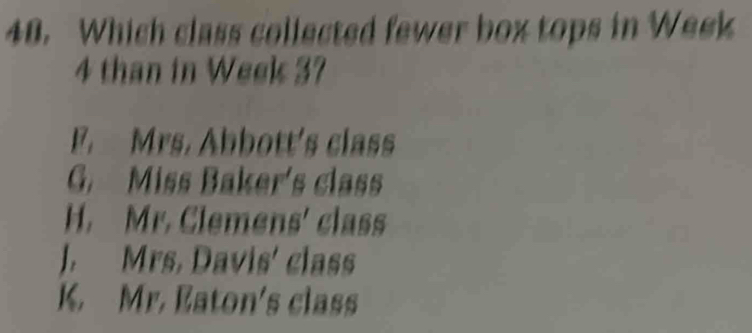 Which class collected fewer box tops in Week
4 than in Week 37
F. Mrs. Abbott's class
G. Miss Baker's class
H. Mr. Clemens' class
J. Mrs. Davis' class
K. Mr. Eaton's class