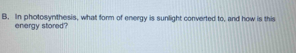 In photosynthesis, what form of energy is sunlight converted to, and how is this 
energy stored?