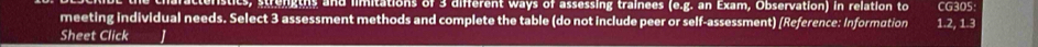 tteristics, strenaths and limitations of 3 different ways of assessing trainees (e.g. an Exam, Observation) in relation to CG305 
meeting individual needs. Select 3 assessment methods and complete the table (do not include peer or self-assessment) (Reference: Information 1.2, 1.3
Sheet Click