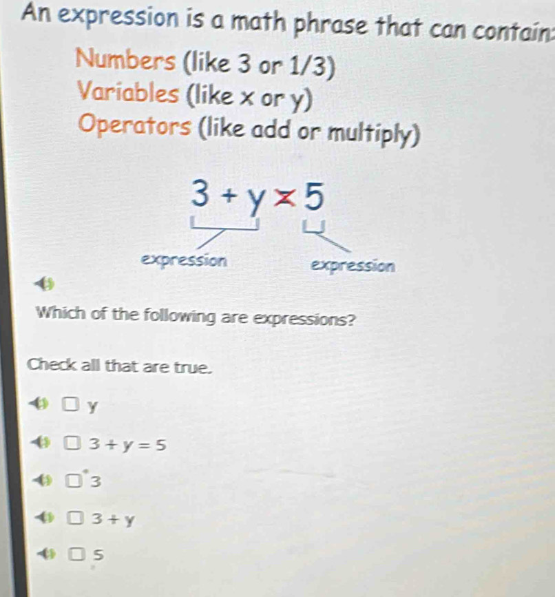 An expression is a math phrase that can contain:
Numbers (like 3 or 1/3)
Variables (like x or y)
Operators (like add or multiply)
Which of the following are expressions?
Check all that are true.
y
3+y=5
3
3+y
5