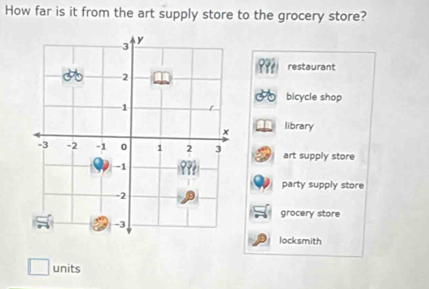 How far is it from the art supply store to the grocery store?
restaurant
bicycle shop
library
art supply store
party supply store
grocery store
locksmith
units