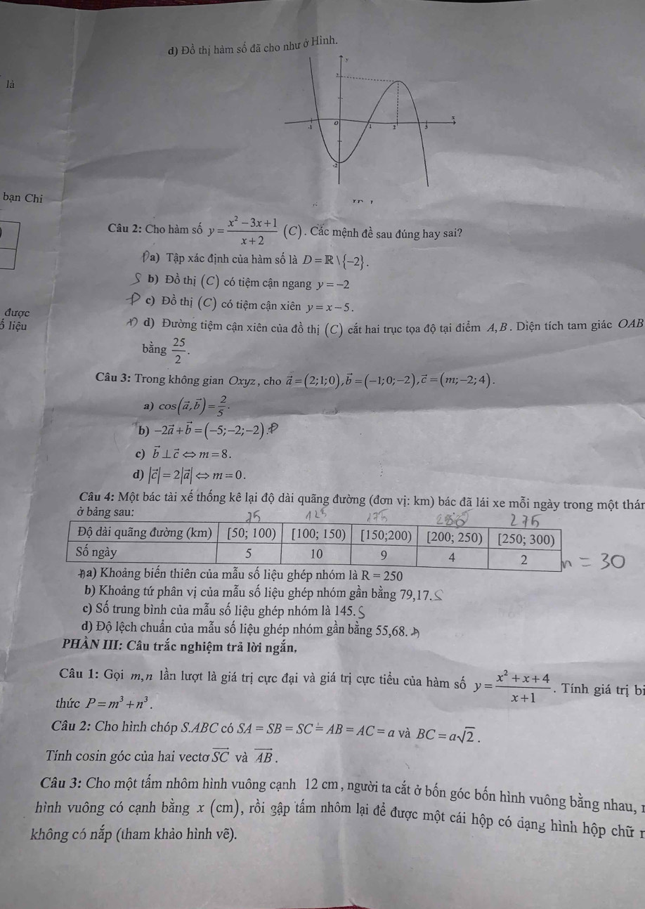 d) Đồ thị hàm số đã cho như ở Hình.
là
bạn Chi
Câu 2: Cho hàm số y= (x^2-3x+1)/x+2  (C). Cắc mệnh đề sau đúng hay sai?
Na) Tập xác định của hàm số là D=R| -2 .
* b) Đồ thị (C) có tiệm cận ngang y=-2
* c) Đồ thị (C) có tiệm cận xiên y=x-5.
được
ố liệu
M đ) Đường tiệm cận xiên của đồ thị (C) cắt hai trục tọa độ tại điểm A,B. Diện tích tam giác OAB
bằng  25/2 .
Câu 3: Trong không gian Oxyz , cho vector a=(2;1;0),vector b=(-1;0;-2),vector c=(m;-2;4).
a) cos (vector a,vector b)= 2/5 .
b) -2vector a+vector b=(-5;-2;-2).
c) vector b⊥ vector cLeftrightarrow m=8.
d) |vector c|=2|vector a|Leftrightarrow m=0.
Câu 4: Một bác tài xế thống kê lại độ dài quãng đường (đơn vị: km) bác đã lái xe mỗi ngày trong một thán
b) Khoảng tứ phân vị của mẫu số liệu ghép nhóm gần bằng 79,17.≤
c) Số trung bình của mẫu số liệu ghép nhóm là 145.S
d) Độ lệch chuẩn của mẫu số liệu ghép nhóm gần bằng 55,68. Đ
HÀN III: Câu trắc nghiệm trả lời ngắn,
Câu 1: Gọi m,n lần lượt là giá trị cực đại và giá trị cực tiểu của hàm số y= (x^2+x+4)/x+1 .  Tính giá trị bị
thức P=m^3+n^3.
Câu 2: Cho hình chóp S.ABC có SA=SB=SC=AB=AC=a và BC=asqrt(2).
Tính cosin góc của hai vecto vector SC và vector AB.
Câu 3: Cho một tẩm nhôm hình vuông cạnh 12 cm, người ta cắt ở bốn góc bốn hình vuông bằng nhau, :
hình vuông có cạnh bằng x (cm), rồi gập tấm nhôm lại đề được một cái hộp có dạng hình hộp chữ n
không có nắp (tham khảo hình vẽ).