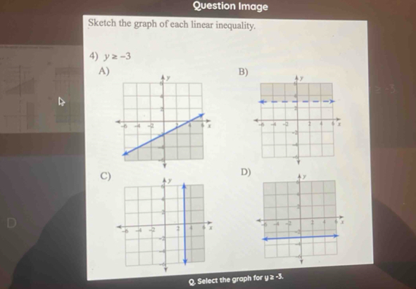 Question Image 
Sketch the graph of each linear inequality. 
4) y≥ -3
A) 
B) 

D) 
C) 
D 

Q. Select the graph for y ≥ -3.