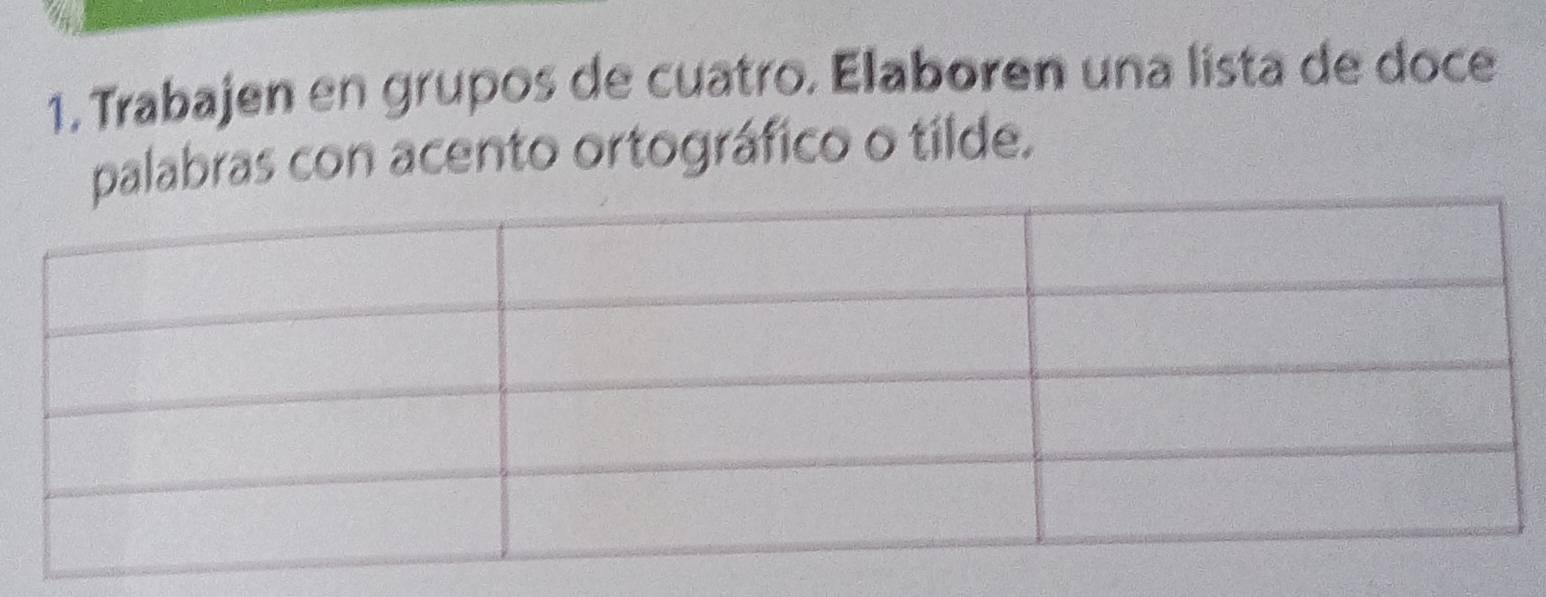 Trabajen en grupos de cuatro. Elaboren una lista de doce 
palabras con acento ortográfico o tilde.