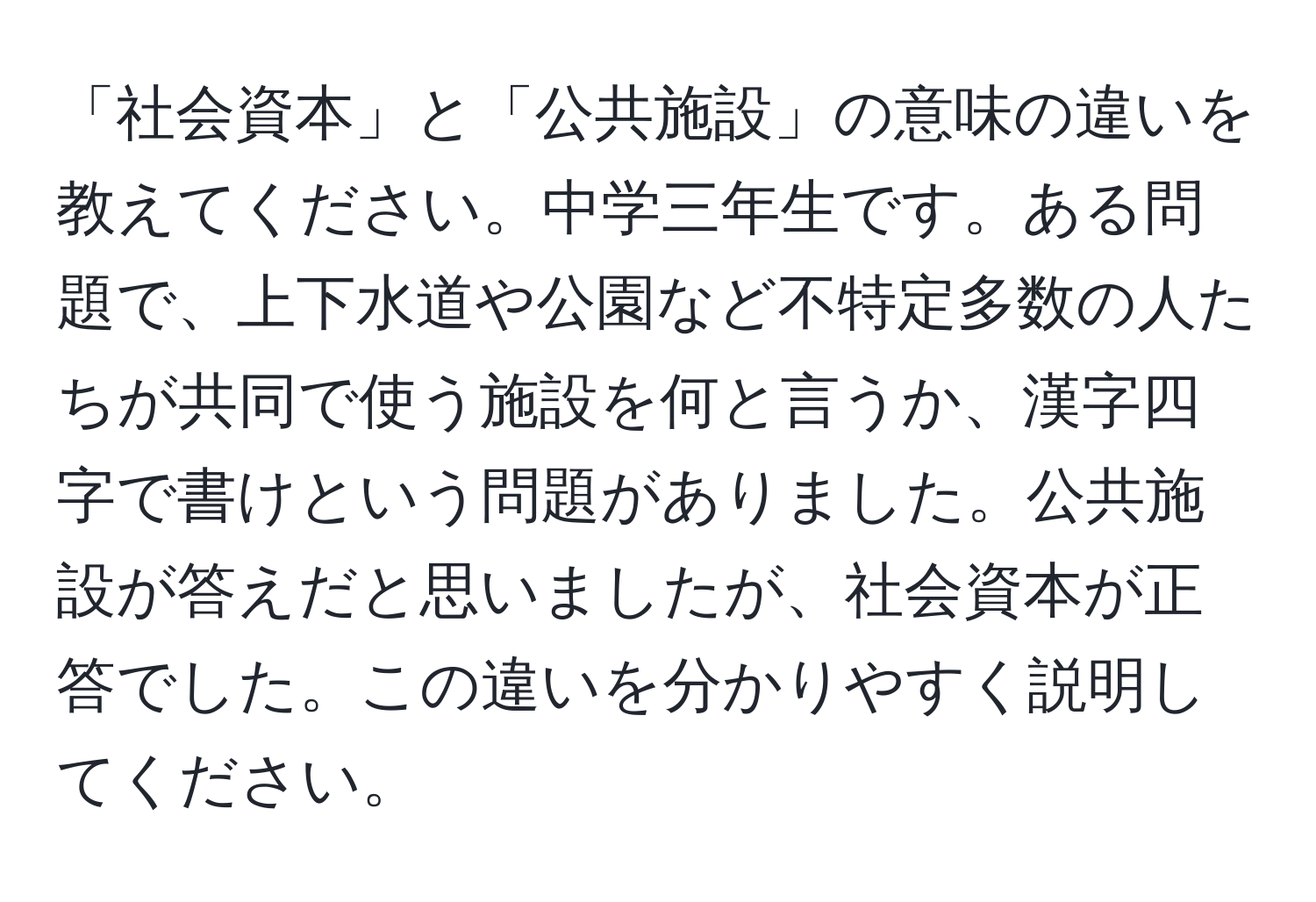 「社会資本」と「公共施設」の意味の違いを教えてください。中学三年生です。ある問題で、上下水道や公園など不特定多数の人たちが共同で使う施設を何と言うか、漢字四字で書けという問題がありました。公共施設が答えだと思いましたが、社会資本が正答でした。この違いを分かりやすく説明してください。