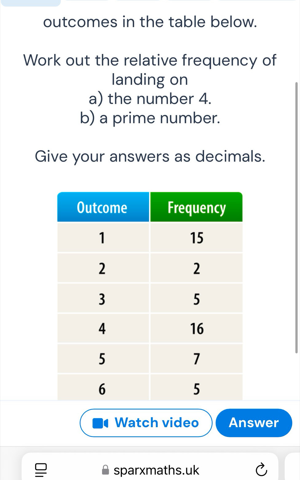 outcomes in the table below. 
Work out the relative frequency of 
landing on 
a) the number 4. 
b) a prime number. 
Give your answers as decimals. 
Watch video Answer 
sparxmaths.uk