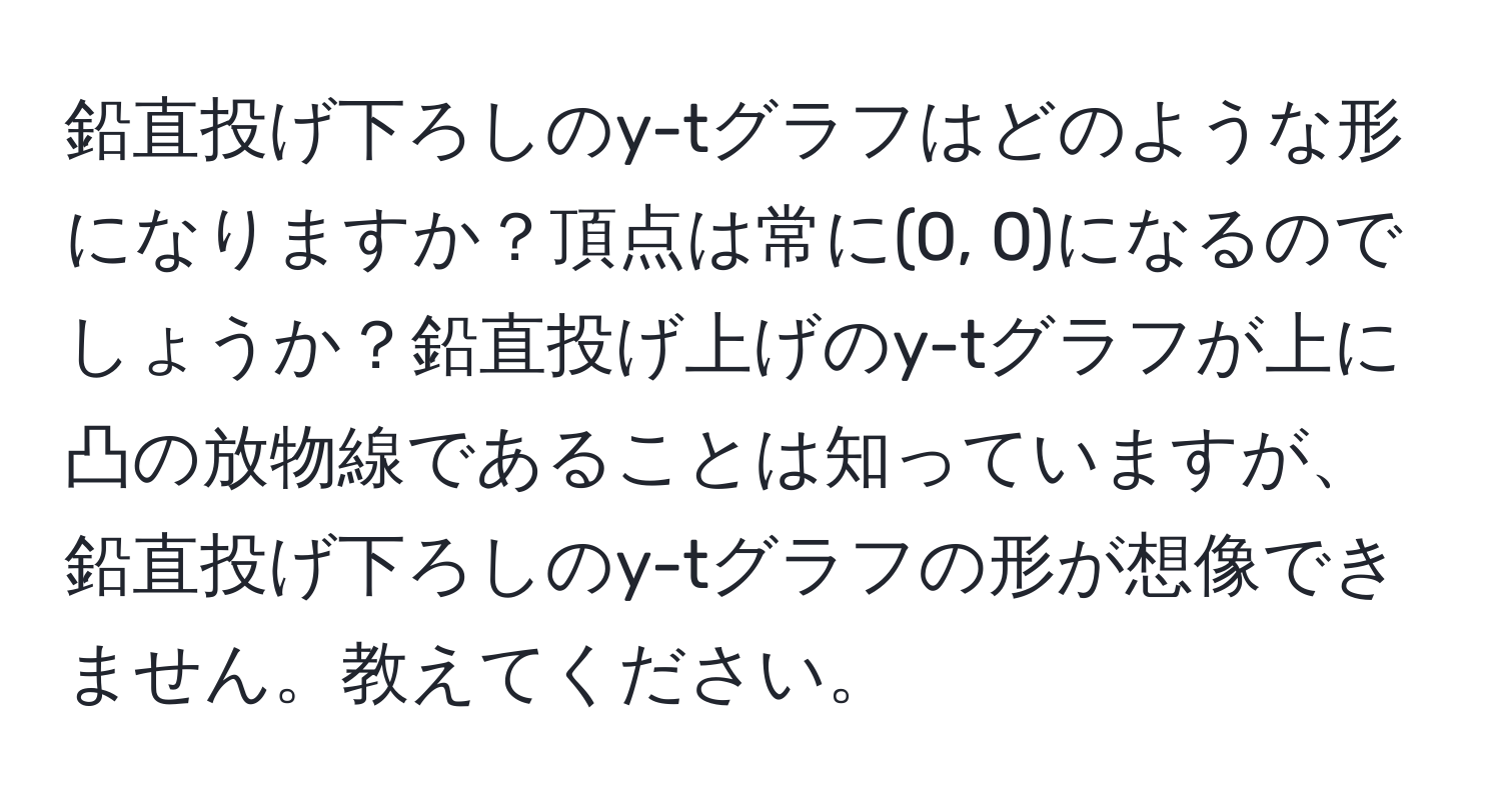 鉛直投げ下ろしのy-tグラフはどのような形になりますか？頂点は常に(0, 0)になるのでしょうか？鉛直投げ上げのy-tグラフが上に凸の放物線であることは知っていますが、鉛直投げ下ろしのy-tグラフの形が想像できません。教えてください。