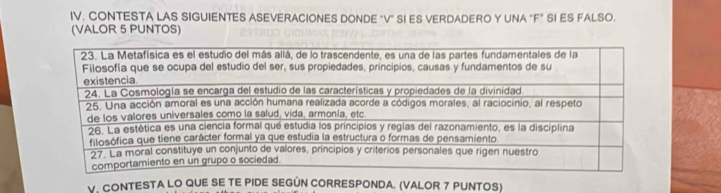 CONTESTA LAS SIGUIENTES ASEVERACIONES DONDE "V" SI ES VERDADERO Y UNA "F" SI ES FALSO. 
(VALOR 5 PUNTOS) 
V. CONTESTA LO QUE SE TE PIDE SEGUN CORRESPONDA. (VALOR 7 PUNTOS)