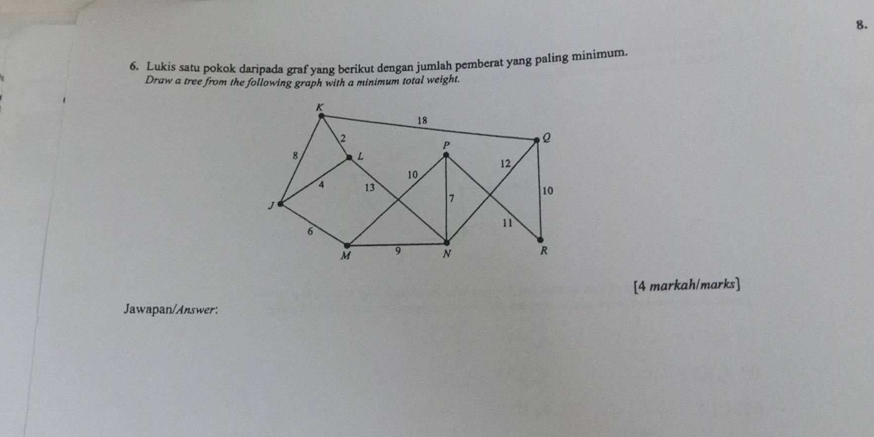 Lukis satu pokok daripada graf yang berikut dengan jumlah pemberat yang paling minimum. 
Draw a tree from the following graph with a minimum total weight. 
[4 markah/marks] 
Jawapan/Answer: