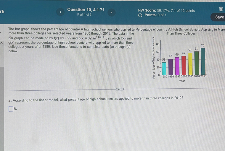 rk 
Question 10, 4.1.71 > HW Score: 59.17%, 7.1 of 12 points 
Part 1 of 3 Points: 0 of 1 Save 
The bar graph shows the percentage of country A high school seniors who applied to Percentage of country A High School Seniors Applying to More 
more than three colleges for selected years from 1980 through 2013. The data in the Than Three Colleges 
bar graph can be modeled by f(x)=x+25 and g(x)=32.7e^(0.0214x) , in which f(x) and
g(x) represent the percentage of high school seniors who applied to more than three 
colleges x years after 1980. Use these functions to complete parts (a) through (c) 
below.
Year
a. According to the linear model, what percentage of high school seniors applied to more than three colleges in 2010?
%