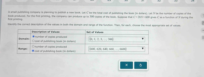 9 32 33 34
A small publishing company is planning to publish a new book. Let C be the total cost of publishing the book (in dollars). Let N be the number of copies of the
book produced. For the first printing, the company can produce up to 300 copies of the book. Suppose that C=20N+600 gives C as a function of N during the
first printing.
Identify the correct description of the values in both the domain and range of the function. Then, for each, choose the most appropriate set of values.
×