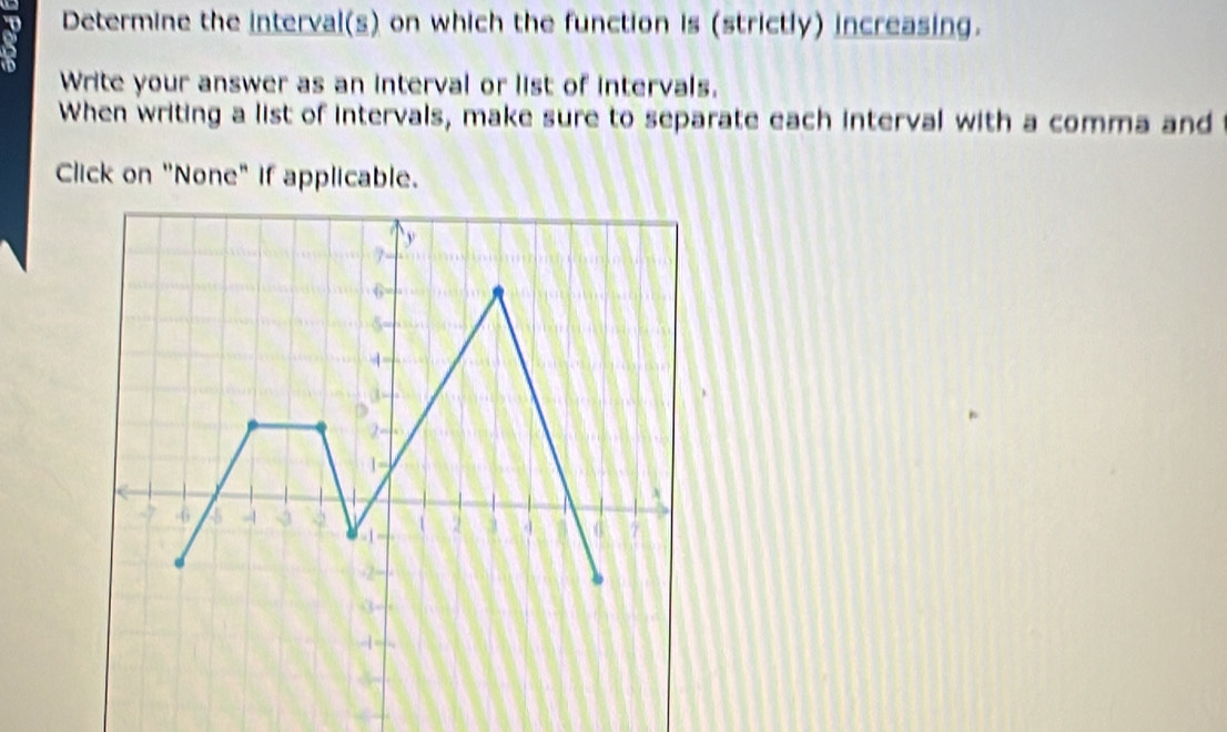 Determine the interval(s) on which the function is (strictly) increasing. 
Write your answer as an interval or list of intervals. 
When writing a list of intervals, make sure to separate each interval with a comma and 
Click on "None" If applicable.