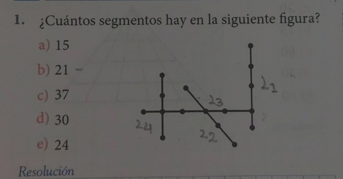 ¿Cuántos segmentos hay en la siguiente figura?
a) 15
b) 21
c) 37
d) 30
e) 24
Resolución