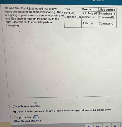 Mr. and Mrs. Frank just moved into a new 
home and need to do some landscaping. Th 
are going to purchase one tree, one shrub, 
one lilac bush at random from the list to the 
right. Use this list to complete parts a) 
through e). 
(Simplify your answer.) 
d) Determine the probability that the Franks select a dogwood tree and a juniper shrub. 
The probability is □ . 
(Simplify your answer.)