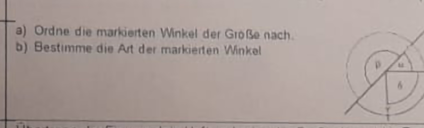 Ordne die markierten Winkel der Größe nach. 
b) Bestimme die Art der markierten Winkel