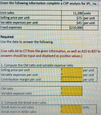 Given the following information complete a CVP analysis for JPL, Inc.: 
U 
V 
F 
Required: 
Use the data to answer the following. 
(Use cells A4 to C7 from the given information, as well as A15 to B37 to 
answers should be input and displayed as positive values.) 
1. Compute the CM ratio and variable expense ratio. 
Selling price per unit per unit 
Variable expenses per unit per unit 
Contribution margin per unit per unit 
CM ratio 
Variable expense ratio 
2. Compute the break-even sales. 
Break-even in unit sales units 
Break-even in dollar sales