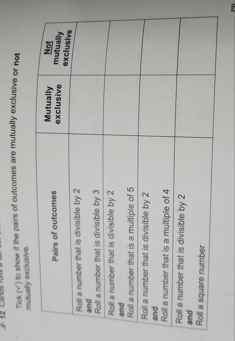Carios rolis a 
Tick (√) to show if the pairs of outcomes are mutually exclusive or not 
tually exclusive.