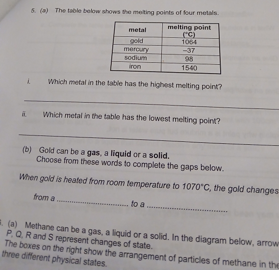 The table below shows the melting points of four metals.
i. Which metal in the table has the highest melting point?
_
ii. Which metal in the table has the lowest melting point?
_
(b) Gold can be a gas, a liquid or a solid.
Choose from these words to complete the gaps below.
When gold is heated from room temperature to 1070°C , the gold changes
_
from a_ to a
. (a) Methane can be a gas, a liquid or a solid. In the diagram below, arrow
P, Q, R and S represent changes of state.
The boxes on the right show the arrangement of particles of methane in the
three different physical states.