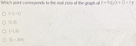 Which point corresponds to the real zero of the graph of y=log _3(x+2)-1 ?
(-1,-1)
(1,0)
(-1,0)
(0,-369)