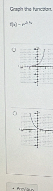 Graph the function.
f(x)=e^(-0.5x)
Previous