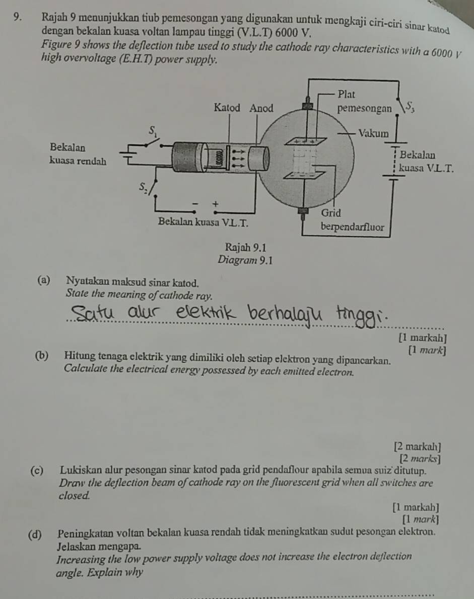 Rajah 9 menunjukkan tiub pemesongan yang digunakan untuk mengkaji ciri-ciri sinar katod
dengan bekalan kuasa voltan lampau tinggi (V.L.T) 6000 V.
Figure 9 shows the deflection tube used to study the cathode ray characteristics with a 6000 v
high overvoltage (E.H.T) power supply.
(a) Nyatakan maksud sinar katod.
State the meaning of cathode ray.
_
[1 markah]
[1 mark]
(b) Hitung tenaga elektrik yang dimiliki olch setiap elektron yang dipancarkan.
Calculate the electrical energy possessed by each emitted electron.
[2 markah]
[2 marks]
(c) Lukiskan alur pesongan sinar katod pada grid pendaflour apabila semua suiz ditutup.
Draw the deflection beam of cathode ray on the fluorescent grid when all switches are
closed.
[1 markah]
[1 mark]
(d) Peningkatan voltan bekalan kuasa rendah tidak meningkatkan sudut pesongan elektron.
Jelaskan mengapa.
Increasing the low power supply voltage does not increase the electron deflection
angle. Explain why