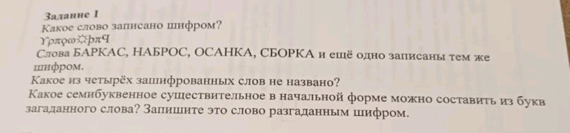 3аданне 1 
Kакое слово записано шифром? 
Υρπφω¤þπप 
Слова БАΡΚAC, НAБΡOC, OCAΗΚА, СБΟΡΚА и ешё одно записаны τем же 
цнфром. 
Κакое из четырёх зацифрованных слов не названо? 
Какое семибуквенное сушествительное в начальной форме можно составить из букв 
загаданного слова? Запишите это слово разгаданным шифром.