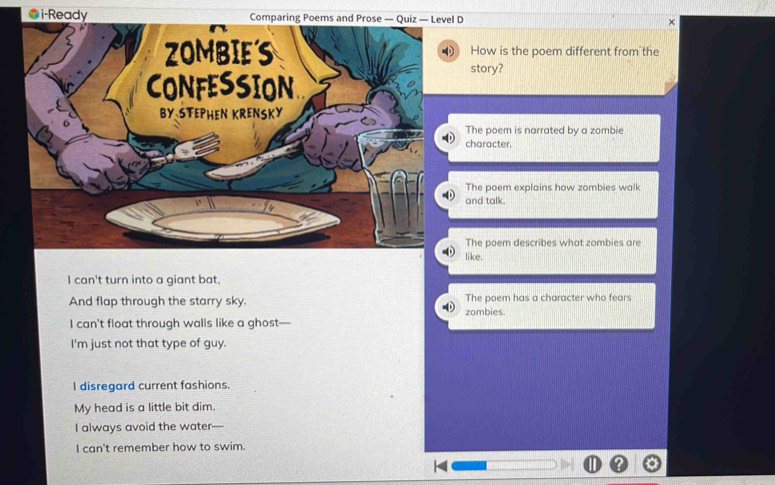 i-Ready Comparing Poems and Prose — Quiz — Level D × ZOMBIES How is the ...
